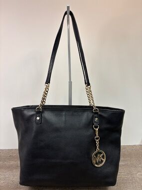 Michael Kors Black Leather Tote Shoulder Bag Gold MK Charm